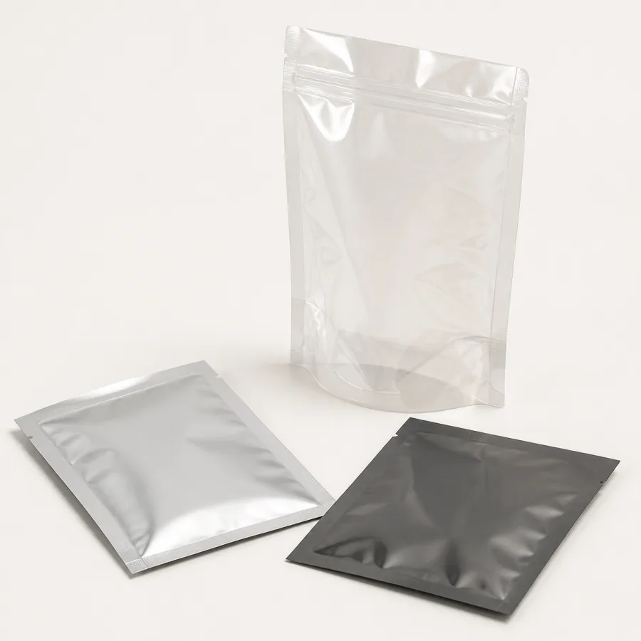 Clear, silver and graphite laminated polyester pouches