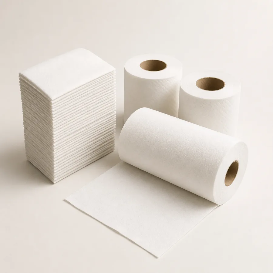 Stacked white folded tissue beside institutional paper rolls