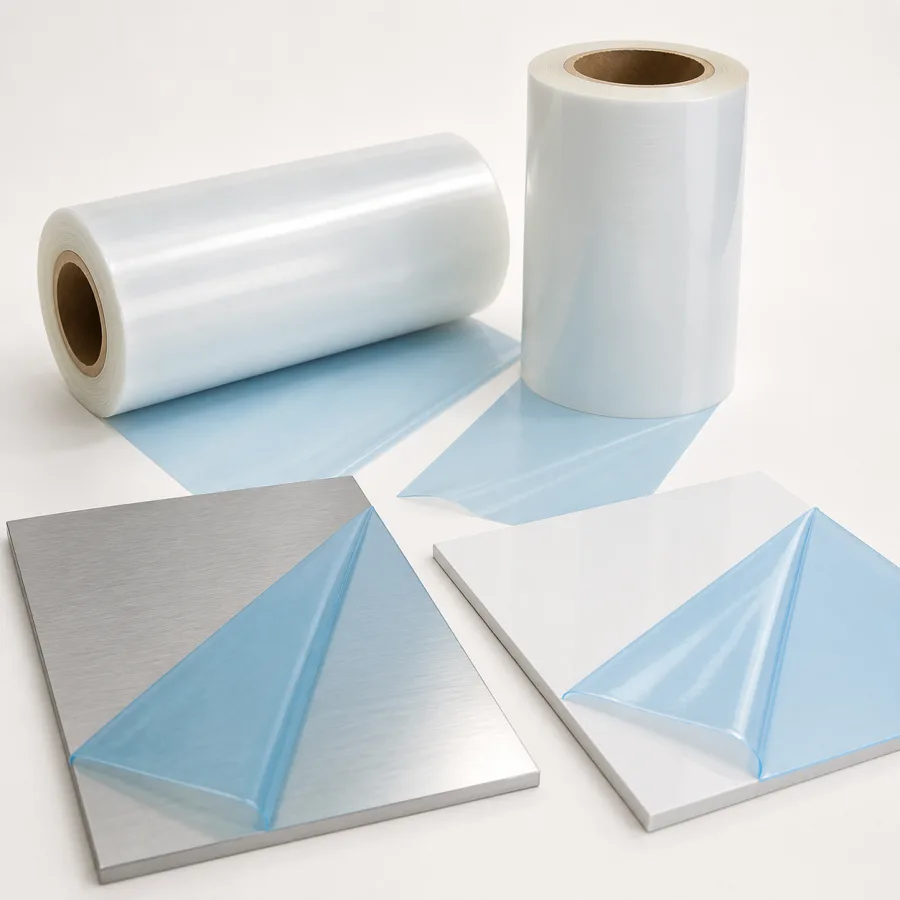 Pale blue surface protection film applied to sample panels