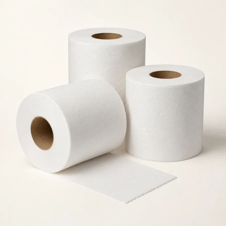 Plain white institutional toilet rolls with an unrolled sheet